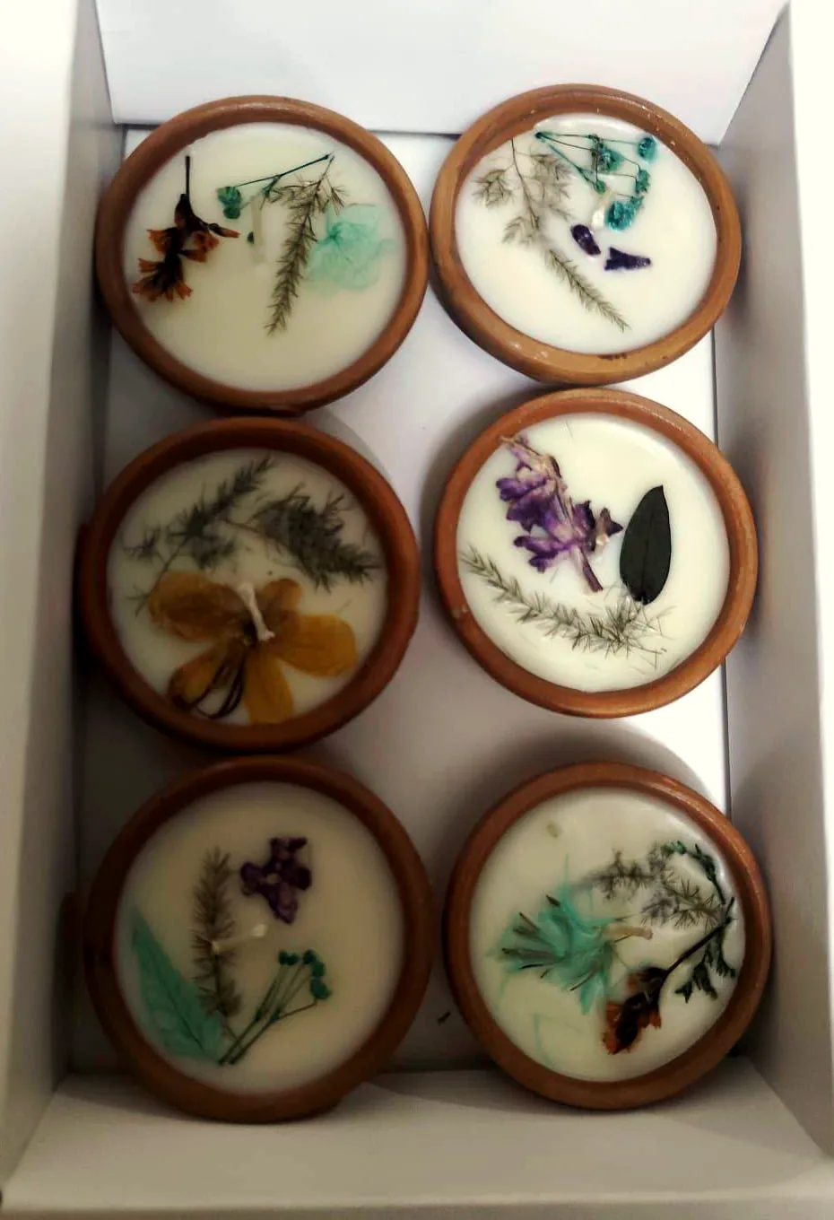 Inside the box: six terracotta diyas resting in a clean white tray, two per row.